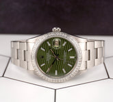 Rolex Date 34mm Ladies 1.5ct Green Motif Dial Steel Oyster Watch 15000